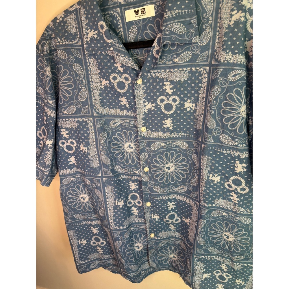 Uniqlo Disney Magic For All Blue Bandana Mickey Mouse Print Linen Blend Shirt M - Picture 2 of 6